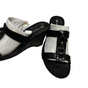 Anne Klein Shoes Womens‎ 8M Black Wedge Patent Slip On Chain Detail Open Toe